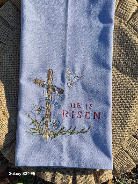 He Is Risen Embroidered Tea Towel | Easter Kitchen Towel | Religious Home Decor