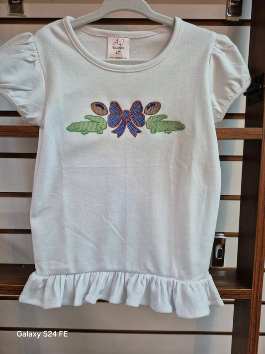 Girls Alligator Bow Embroidered Ruffle Tee | Football Spirit Shirt | Blue & Orange